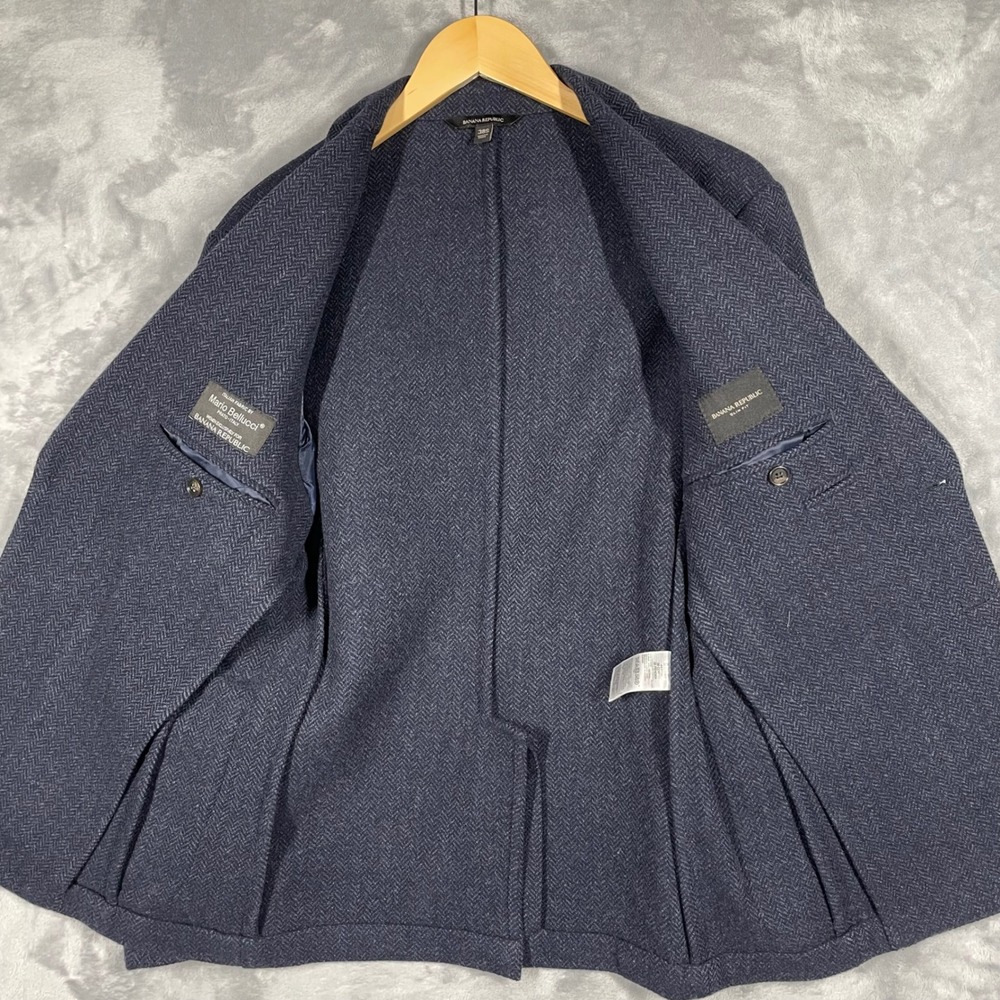 Banana Republic Mens 38S Blazer Navy Blue Herringbone Mario Bellucci Wool Slim - Picture 5 of 14